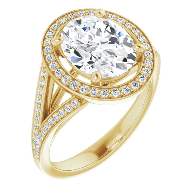 10K Yellow Gold Customizable Cathedral-Halo Oval Cut Style featuring Split-Shared Prong Band