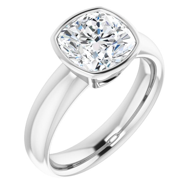 10K White Gold Customizable Bezel-set Cushion Cut Solitaire with Wide Band