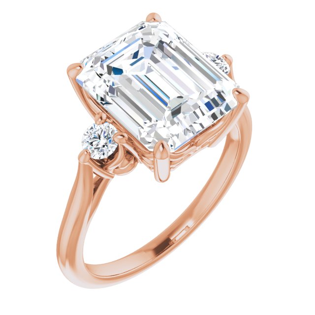 10K Rose Gold Customizable Three-stone Emerald/Radiant Cut Design with Small Round Accents and Vintage Trellis/Basket