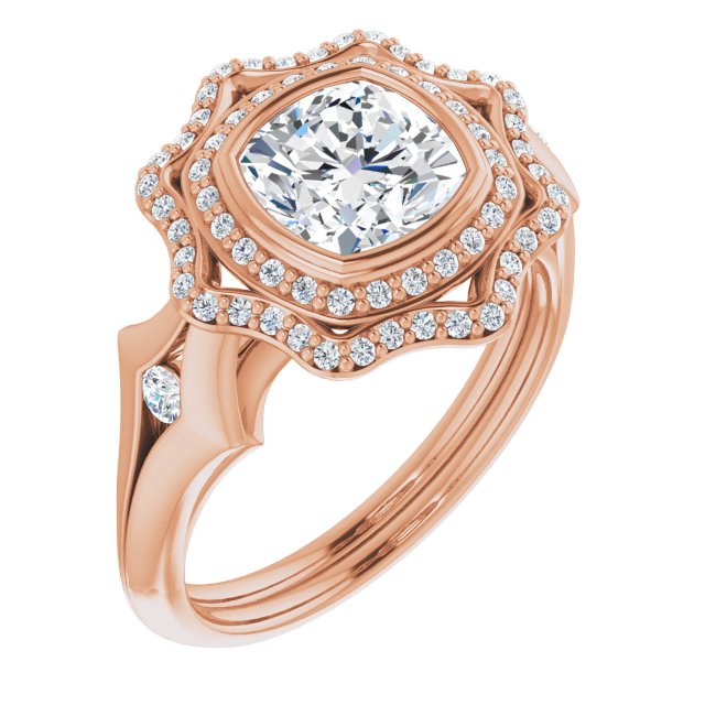 Cubic Zirconia Engagement Ring- The Cyra (Customizable Cathedral-bezel Cushion Cut Design with Floral Double Halo and Channel-Accented Split Band)
