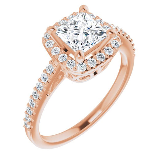 10K Rose Gold Customizable Cathedral-Crown Princess/Square Cut Design with Halo and Accented Band