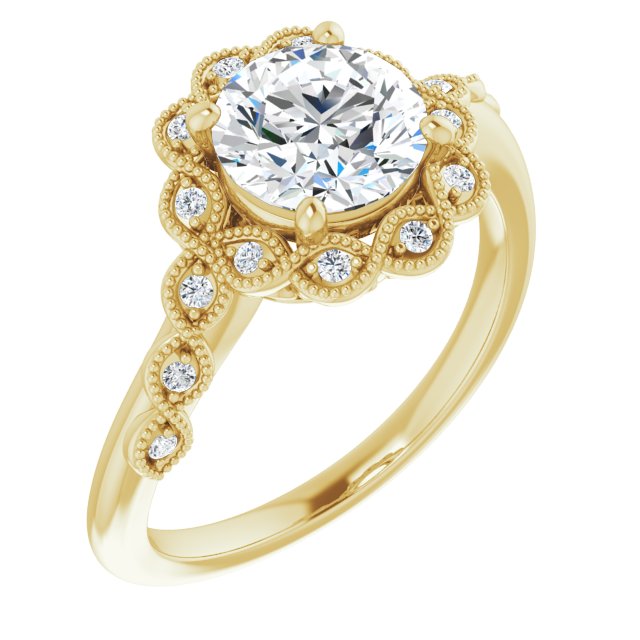 10K Yellow Gold Customizable 3-stone Design with Round Cut Center and Halo Enhancement