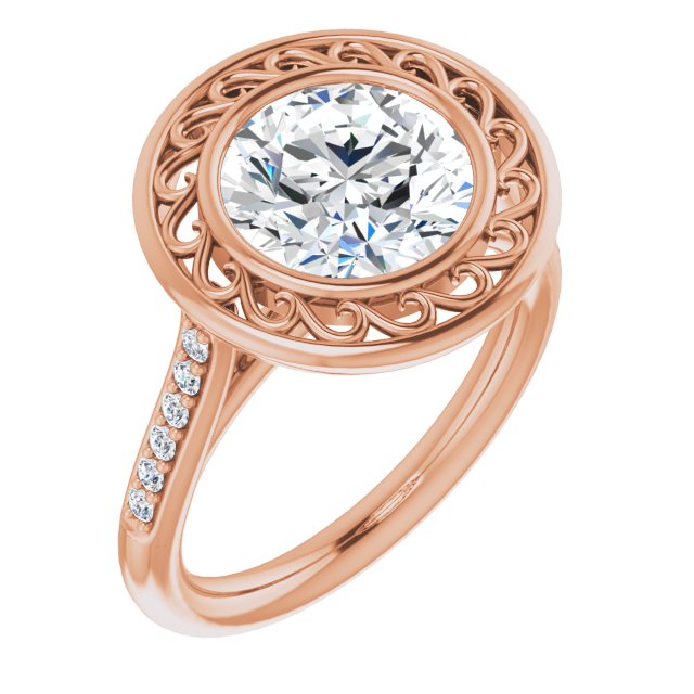 10K Rose Gold Customizable Cathedral-Bezel Round Cut Design with Floral Filigree and Thin Shared Prong Band