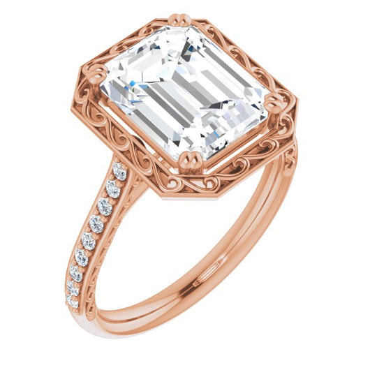 10K Rose Gold Customizable Emerald/Radiant Cut Halo Design with Filigree and Accented Band