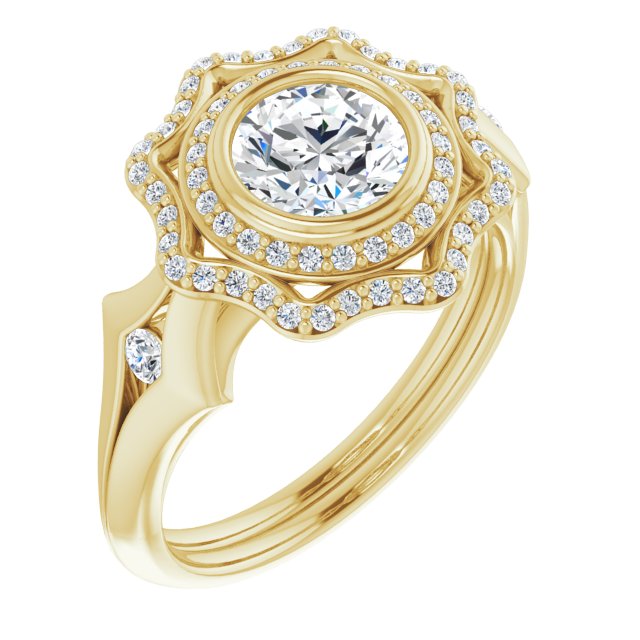 10K Yellow Gold Customizable Cathedral-bezel Round Cut Design with Floral Double Halo and Channel-Accented Split Band