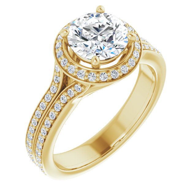 10K Yellow Gold Customizable Cathedral-raised Round Cut Setting with Halo and Shared Prong Band