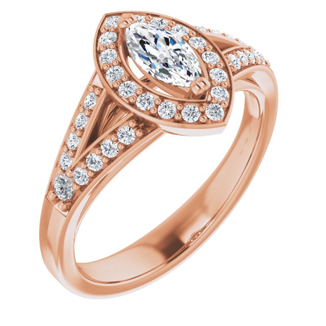10K Rose Gold Customizable Cathedral-set Marquise Cut Style with Accented Split Band and Halo