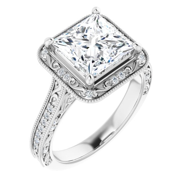 10K White Gold Customizable Vintage Artisan Princess/Square Cut Design with 3-Sided Filigree and Side Inlay Accent Enhancements