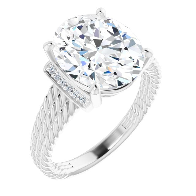 10K White Gold Customizable 11-stone Design featuring Oval Cut Center, Vertical Round-Channel Accents & Wide Triple-Rope Band