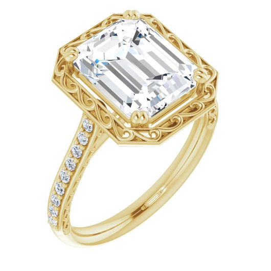 10K Yellow Gold Customizable Emerald/Radiant Cut Halo Design with Filigree and Accented Band