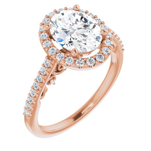 10K Rose Gold Customizable Cathedral-Halo Oval Cut Design with Carved Metal Accent plus Pavé Band