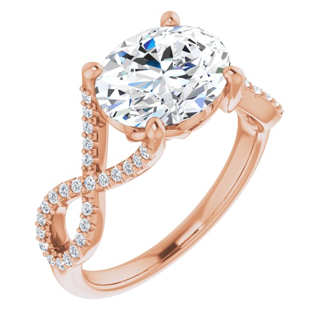 10K Rose Gold Customizable Oval Cut Design with Twisting Infinity-inspired, Pavé Split Band