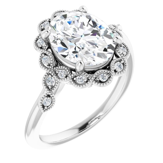10K White Gold Customizable 3-stone Design with Oval Cut Center and Halo Enhancement
