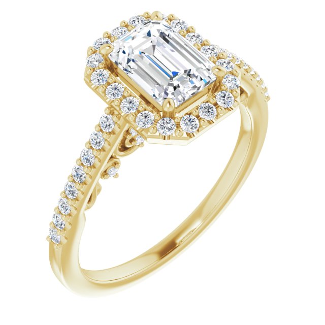 10K Yellow Gold Customizable Cathedral-Halo Emerald/Radiant Cut Design with Carved Metal Accent plus Pavé Band