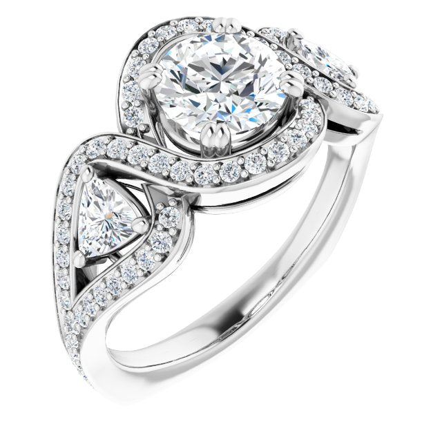 10K White Gold Customizable Round Cut Center with Twin Trillion Accents, Twisting Shared Prong Split Band, and Halo