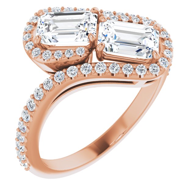 10K Rose Gold Customizable Double Emerald/Radiant Cut 2-Stone Style Enhanced with Accented Artisan Bypass Band