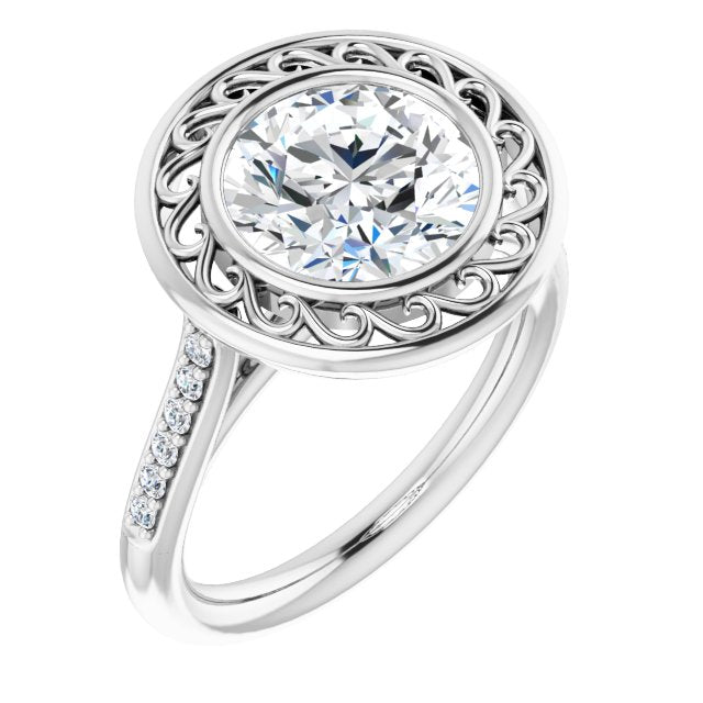 18K White Gold Customizable Cathedral-Bezel Round Cut Design with Floral Filigree and Thin Shared Prong Band
