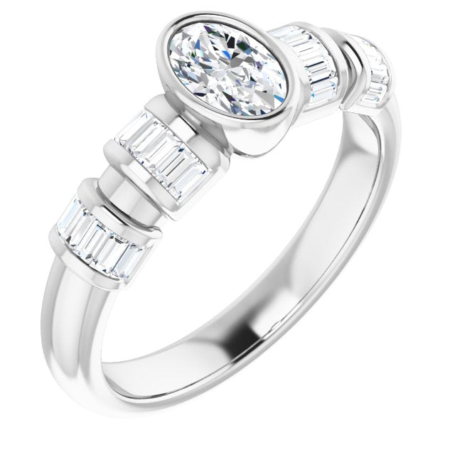 10K White Gold Customizable Bezel-set Oval Cut Design with Quad Horizontal Band Sleeves of Baguette Accents