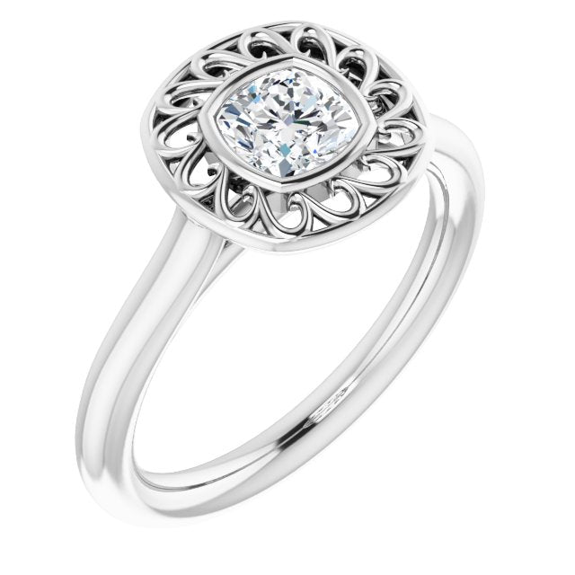 10K White Gold Customizable Cathedral-Bezel Style Cushion Cut Solitaire with Flowery Filigree