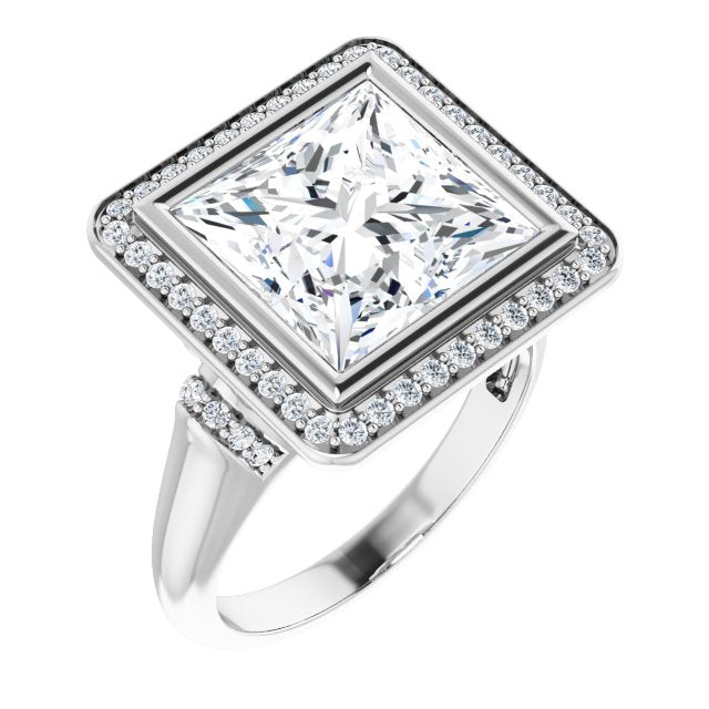 10K White Gold Customizable Bezel-set Princess/Square Cut Design with Halo and Vertical Round Channel Accents