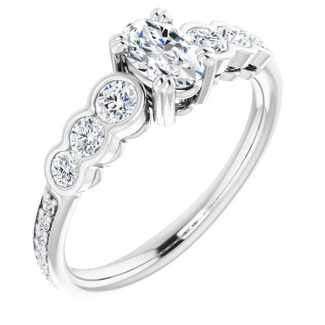 10K White Gold Customizable Oval Cut 7-stone Style Enhanced with Bezel Accents and Shared Prong Band