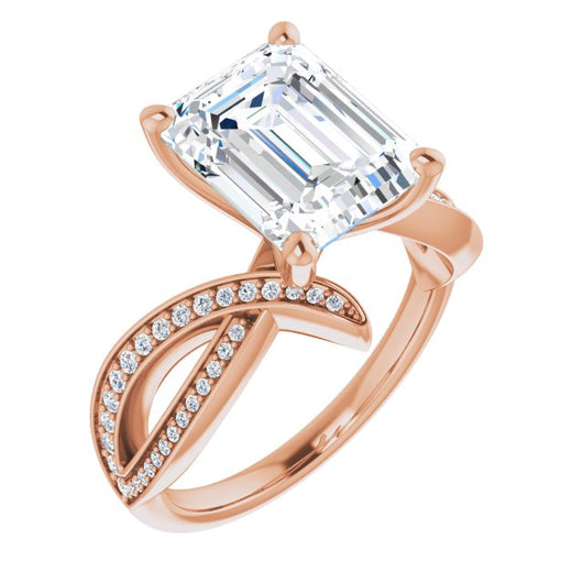 10K Rose Gold Customizable Emerald/Radiant Cut Design with Swooping Pavé Bypass Band