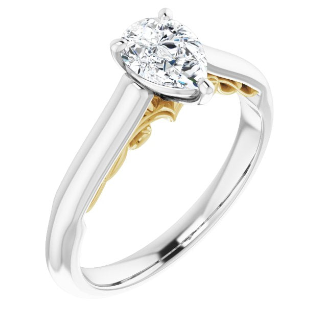 14K White & Yellow Gold Customizable Pear Cut Cathedral Solitaire with Two-Tone Option Decorative Trellis 'Down Under'