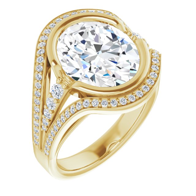 10K Yellow Gold Customizable Cathedral-Bezel Oval Cut Design with Wide Triple-Split-Pavé Band