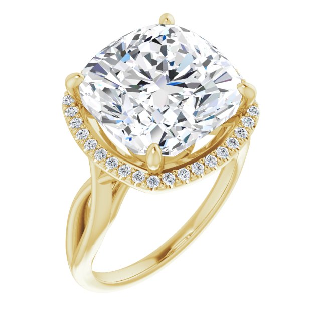10K Yellow Gold Customizable Cathedral-Halo Cushion Cut Design with Twisting Split Band