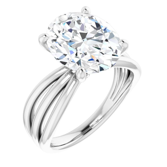 10K White Gold Customizable Oval Cut Solitaire Design with Wide, Ribboned Split-band