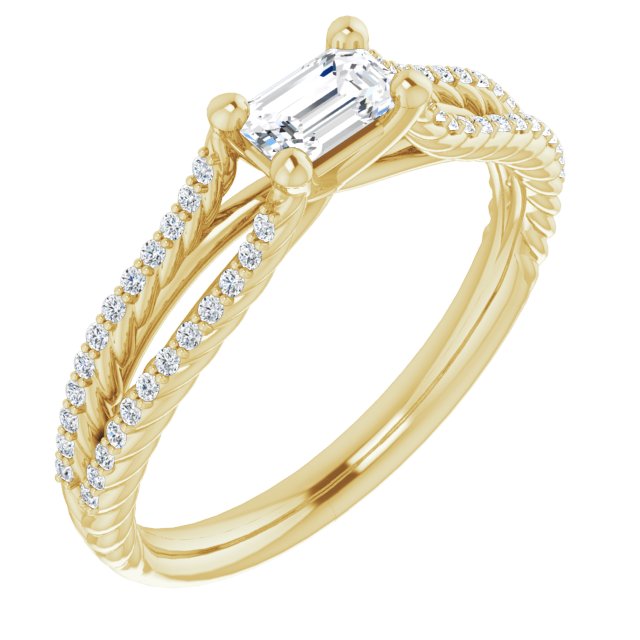 10K Yellow Gold Customizable Emerald/Radiant Cut Style with Split Band and Rope-Pavé