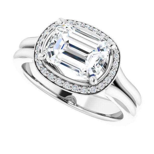 Cubic Zirconia Engagement Ring- The Elaine Li (Customizable Emerald Cut Style with Halo, Wide Split Band and Euro Shank)