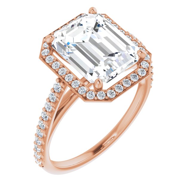 10K Rose Gold Customizable Emerald/Radiant Cut Design with Halo and Thin Pavé Band