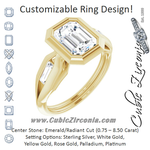 Cubic Zirconia Engagement Ring- The Claudelle (Customizable Bezel-set Emerald Cut Design with Wide Split Band & Tension-Channel Baguette Accents)