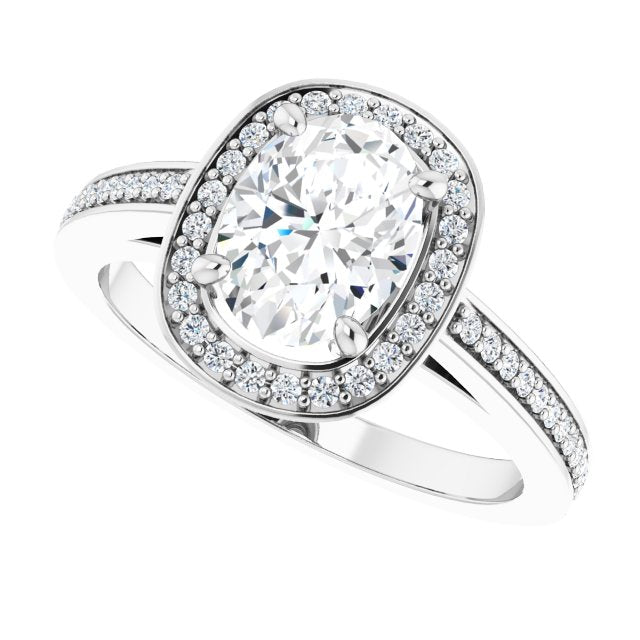 Cubic Zirconia Engagement Ring- The Roseanne (Customizable Cathedral-set Oval Cut Design with Halo, Thin Shared Prong Band & Round-Bezel Peekaboos)