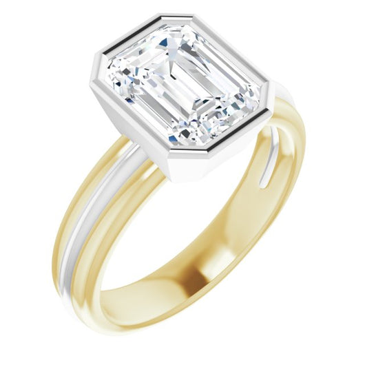 14K Yellow & White Gold Customizable Bezel-set Emerald/Radiant Cut Solitaire with Grooved Band