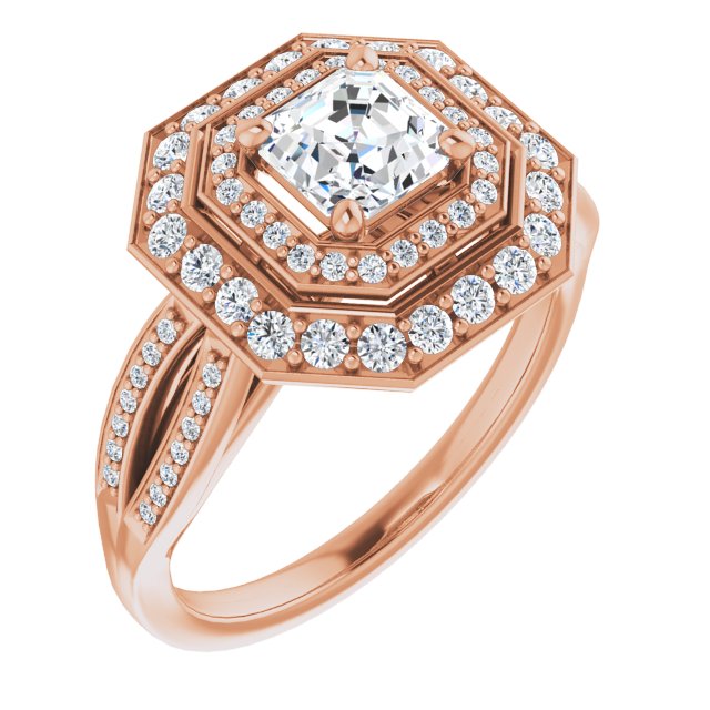 10K Rose Gold Customizable Cathedral-style Asscher Cut Design with Double Halo & Split-Pavé Band
