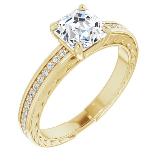 10K Yellow Gold Customizable Asscher Cut Design with Rope-Filigree Hammered Inlay & Round Channel Accents