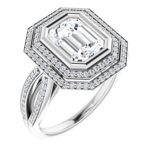 Cubic Zirconia Engagement Ring- The Eliana (Customizable Bezel-set Radiant Cut Style with Double Halo and Split Shared Prong Band)