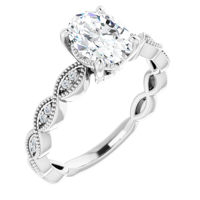 Cubic Zirconia Engagement Ring- The Shanice (Customizable Oval Cut Artisan Design with Scalloped, Round-Accented Band and Milgrain Detail)