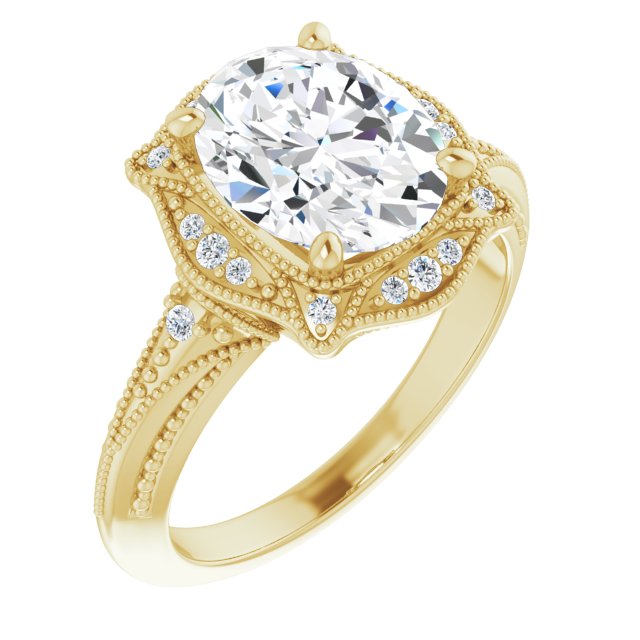 10K Yellow Gold Customizable Vintage Oval Cut Design with Beaded Milgrain and Starburst Semi-Halo