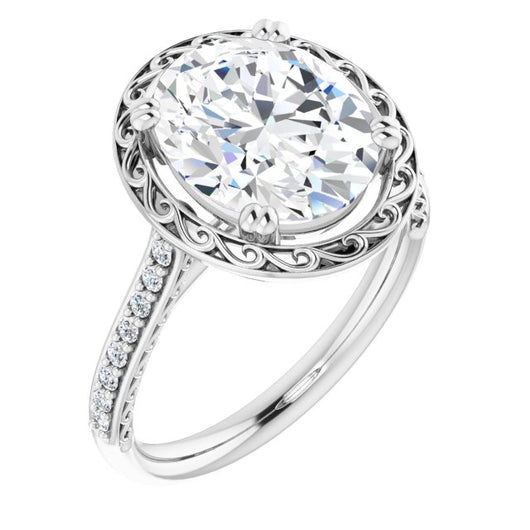10K White Gold Customizable Oval Cut Halo Design with Filigree and Accented Band