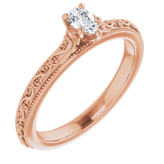 10K Rose Gold Customizable Pear Cut Solitaire with Delicate Milgrain Filigree Band