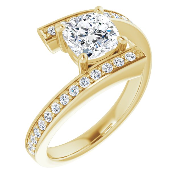 10K Yellow Gold Customizable Faux-Bar-set Cushion Cut Design with Accented Bypass Band