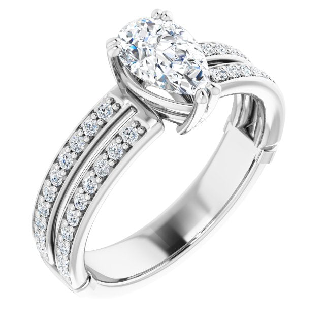 14K White Gold Customizable Pear Cut Design featuring Split Band with Accents