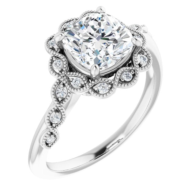 Cubic Zirconia Engagement Ring- The Makayla Belle (Customizable 3-stone Design with Cushion Cut Center and Halo Enhancement)