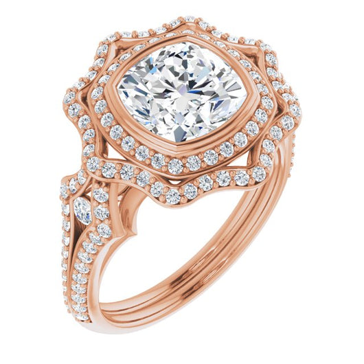 10K Rose Gold Customizable Cushion Cut Style with Ultra-wide Pavé Split-Band and Nature-Inspired Double Halo