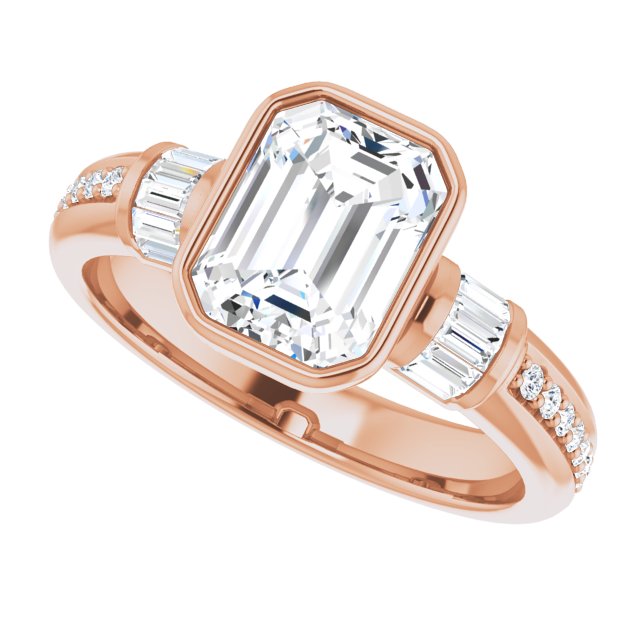 Cubic Zirconia Engagement Ring- The Danna (Customizable Cathedral-Bezel Emerald Cut Style with Horizontal Baguettes & Shared Prong Band)