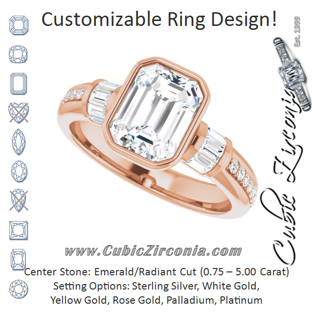 Cubic Zirconia Engagement Ring- The Danna (Customizable Cathedral-Bezel Radiant Cut Style with Horizontal Baguettes & Shared Prong Band)