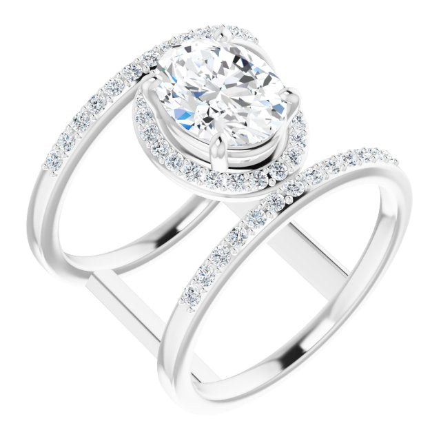 10K White Gold Customizable Oval Cut Halo Design with Open, Ultrawide Harness Double Pavé Band